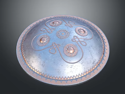Medieval Silver Shield Featuring Copper Edges And Ornate Carved Decorative Patterns 3d model