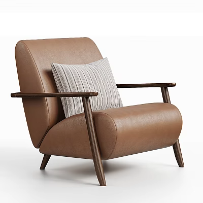 Stylish Brown Leather Accent Chair with Wooden Arms and Striped Cushion for Living Room 3d model