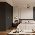 Elegant Modern Bedroom Interior Design With Dark Gray Cabinets White Bedding Chandelier And Rug