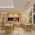 Modern Luxury Jewelry Store Interior With Golden Counters Chandelier Ceiling And Display Showcases