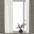Gray And White Linen Curtains By Window With Vase Holding Branches In Interior