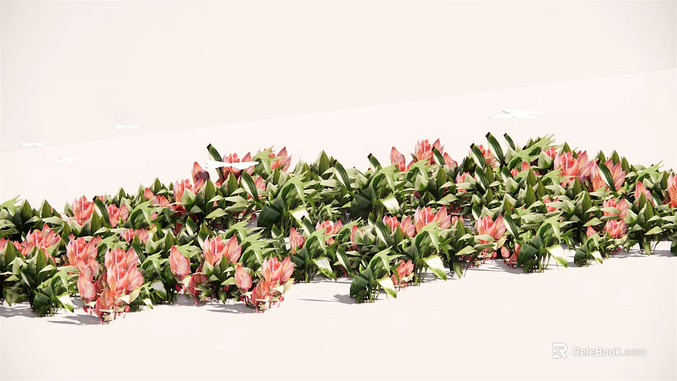 Pink Flowers With Green Leaves In Beautiful Fresh Outdoor Garden Decorative Arrangement 3d model 