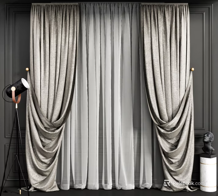 Elegant Gray Layered Curtains With Sheer Inner Panel And Drapery On Dark Wall 3d model 