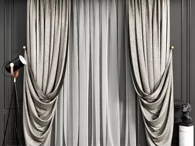 Elegant Gray Layered Curtains With Sheer Inner Panel And Drapery On Dark Wall 3d model