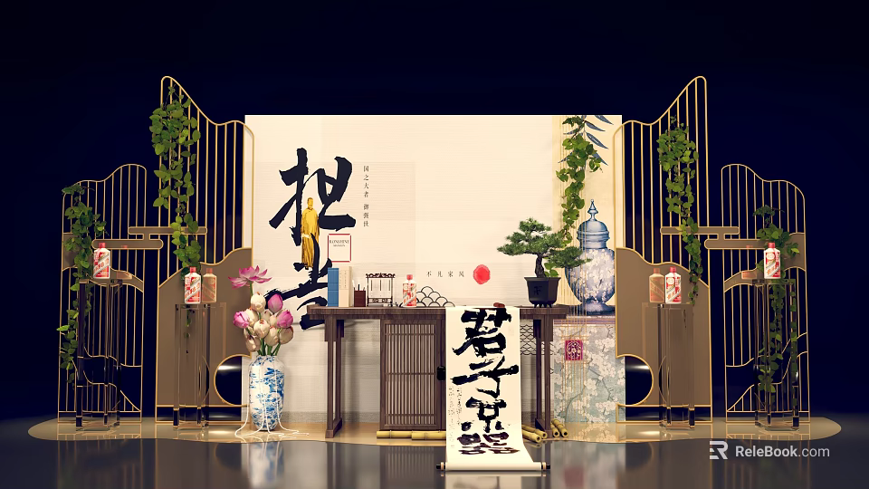 Chinese Traditional Tea Table Setting With Calligraphy Scroll Tea Utensils And Potted Plants 3d model 