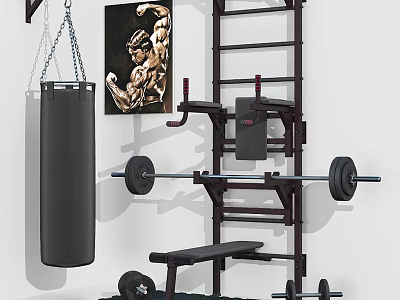 Home Gym Sports Equipment With Punching Bag Barbell Multi Functional Rack And Weight Bench 3d model