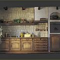 Rustic Kitchen Interior Design With Brick Wall Wooden Cabinets And Shelves Stocked With Kitchen Items