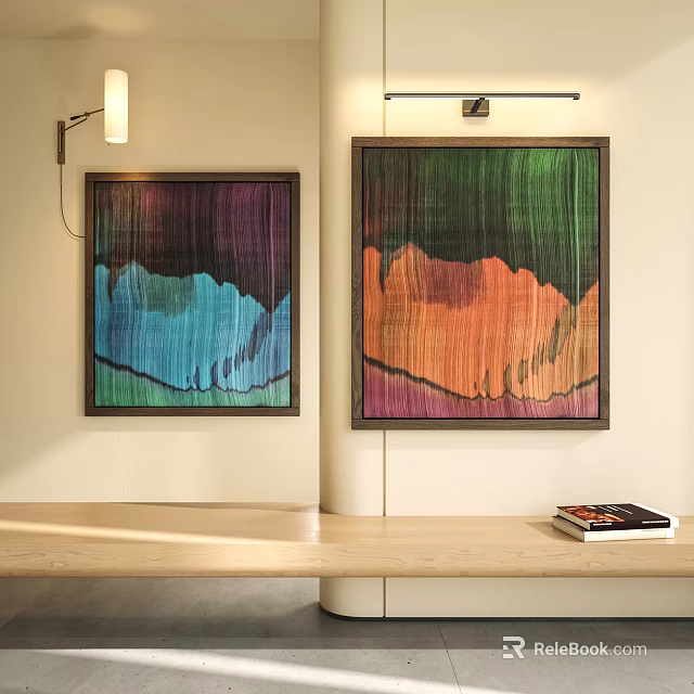 Two Colorful Abstract Paintings With Green Orange Blue Purple Tones Framed On Wall Interior Decor 3d model 