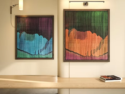 Two Colorful Abstract Paintings With Green Orange Blue Purple Tones Framed On Wall Interior Decor 3d model