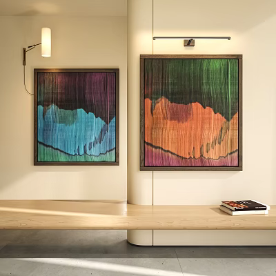 Two Colorful Abstract Paintings With Green Orange Blue Purple Tones Framed On Wall Interior Decor 3d model