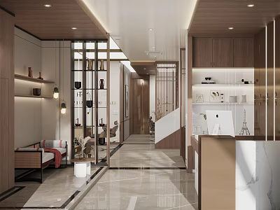 Modern Beauty Salon Interior With Marble Counter Display Shelves And Lighting 3d model