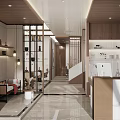 Modern Beauty Salon Interior With Marble Counter Display Shelves And Lighting