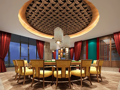 Private Dining Room with Round Table Yellow Chairs Red Curtains Green Walls and Patterned Ceiling 3d model