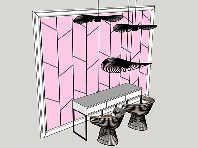 Modern Dressing Table Design With Pink Geometric Background Wall Pendant Lights And Stools 3d model