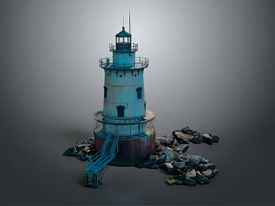 Vintage Blue Lighthouse Tower With Rusted Base And Blue Metal Ladder Surrounded By Rocks 3d model