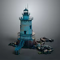 Vintage Blue Lighthouse Tower With Rusted Base And Blue Metal Ladder Surrounded By Rocks