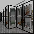 Modern Lobby Interior With Rotating Black Frame Screens Displaying Artworks Marble Floor and Wooden Bookshelves