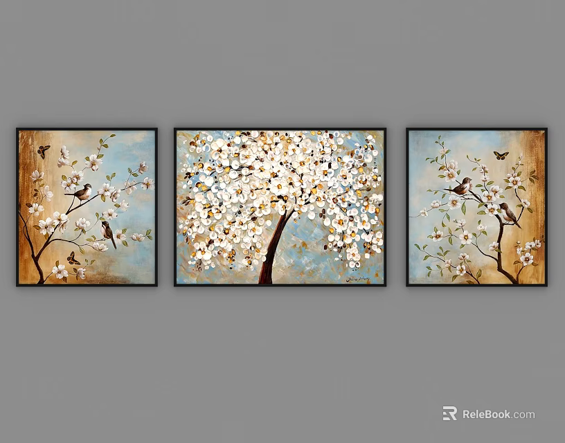 Three Panel Decorative Paintings with Flowering Tree Birds and Light Blue Beige Background 3d model