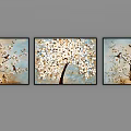 Three Panel Decorative Paintings with Flowering Tree Birds and Light Blue Beige Background 3d model
