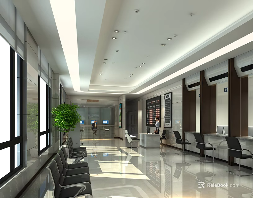 Spacious Bright Modern Service Hall Interior With Reception Desk Seats Windows And Green Plants 3d model 