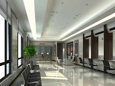 Spacious Bright Modern Service Hall Interior With Reception Desk Seats Windows And Green Plants 3d model