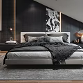 Modern Bedroom Interior With Sloped Ceiling Skylight Large Bed Nightstands And Decorative Painting
