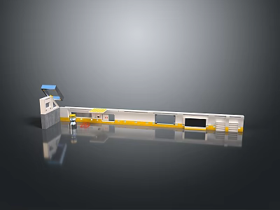 Modern Small Service Kiosk Structure With Blue Roof Yellow Trim And Long Windows 3d model