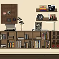 Wooden Bookcase With Multiple Shelves Displaying Vinyl Record Photos Picture Frames Table Lamp And Vase