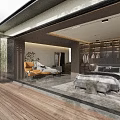 Modern Bedroom Interior With Large Windows Wooden Deck And Comfortable Bed