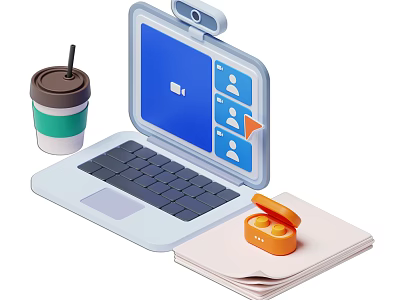 Modern Laptop with Document and User Icons on Screen Coffee Cup Stapler and Papers 3d model