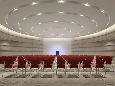 Modern Conference Room Featuring Circular Ceiling Lighting Gray Walls Red Chairs And Front Podium 3d model