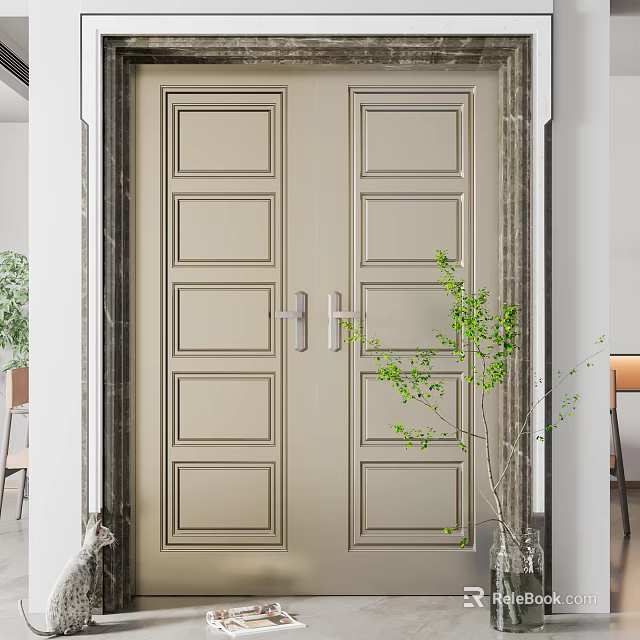 Modern Double Front Door With Rectangular Panel Design Silver Handles Dark Frame And Green Plant 3d model 