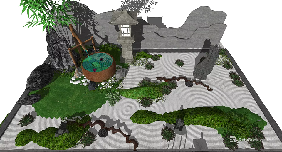 Traditional Japanese Zen Garden Landscape With Stone Lantern Wavy Sand Patterns And Green Plants 3d model 
