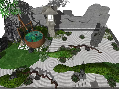 Traditional Japanese Zen Garden Landscape With Stone Lantern Wavy Sand Patterns And Green Plants 3d model