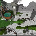 Traditional Japanese Zen Garden Landscape With Stone Lantern Wavy Sand Patterns And Green Plants