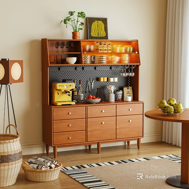 Wooden Sideboard In Home Interior With Storage Shelves Glassware Dishes Coffee Machine And Decorations 3d model 