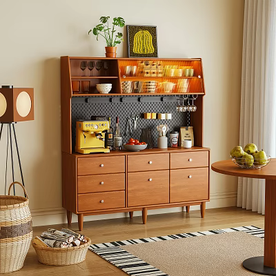 Wooden Sideboard In Home Interior With Storage Shelves Glassware Dishes Coffee Machine And Decorations 3d model