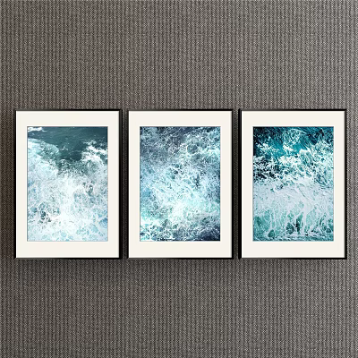 Three Framed Landscape Paintings With Blue And White Ocean Waves On Gray Wall 3d model