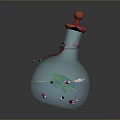 Decorative Transparent Bottle With Red Lid Blue Liquid White Flowers Green Leaves And Colorful Beads