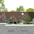 Scenic Wall With White Mountain Pattern And Moon Surrounded By Green Plants And Stones