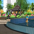 Urban Swimming Pool With Tropical Palms Greenery City View Lounge Chairs And People Recreation