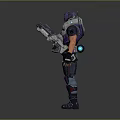Sci Fi Game Character Wearing Purple Armor With Helmet Blue Glowing Accents And Large Weapon