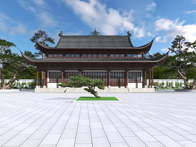 Traditional Chinese Ancient Architecture With Black Roof Flying Eaves And Open Square 3d model
