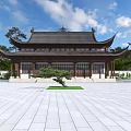 Traditional Chinese Ancient Architecture With Black Roof Flying Eaves And Open Square