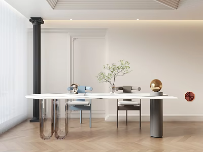 Modern White Marble Desk With Glass Metal Legs Green Plant Gold Decor And Chairs 3d model