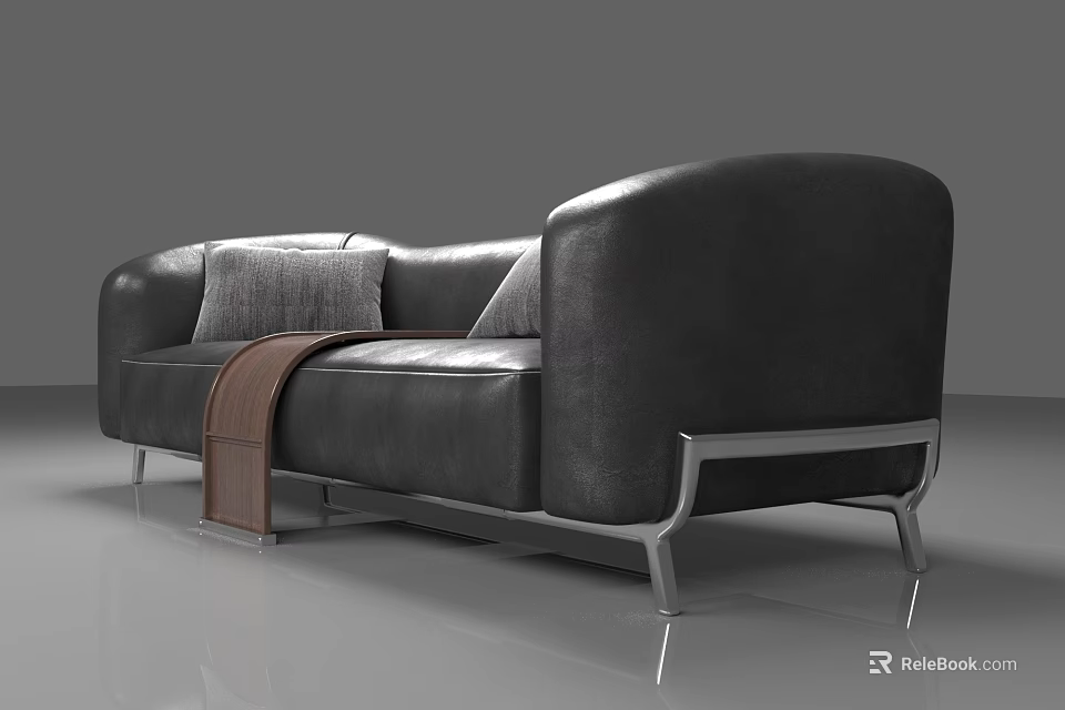 Modern Leather Sectional Sofa with Gray Throw Pillow Brown Blanket and Sleek Metal Legs 3d model 
