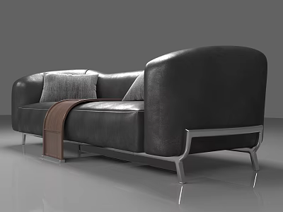 Modern Leather Sectional Sofa with Gray Throw Pillow Brown Blanket and Sleek Metal Legs 3d model