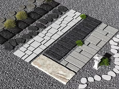 Outdoor Garden Paving Design With Various Colored Stone Slabs Small Plants And Decorative Lamp 3d model