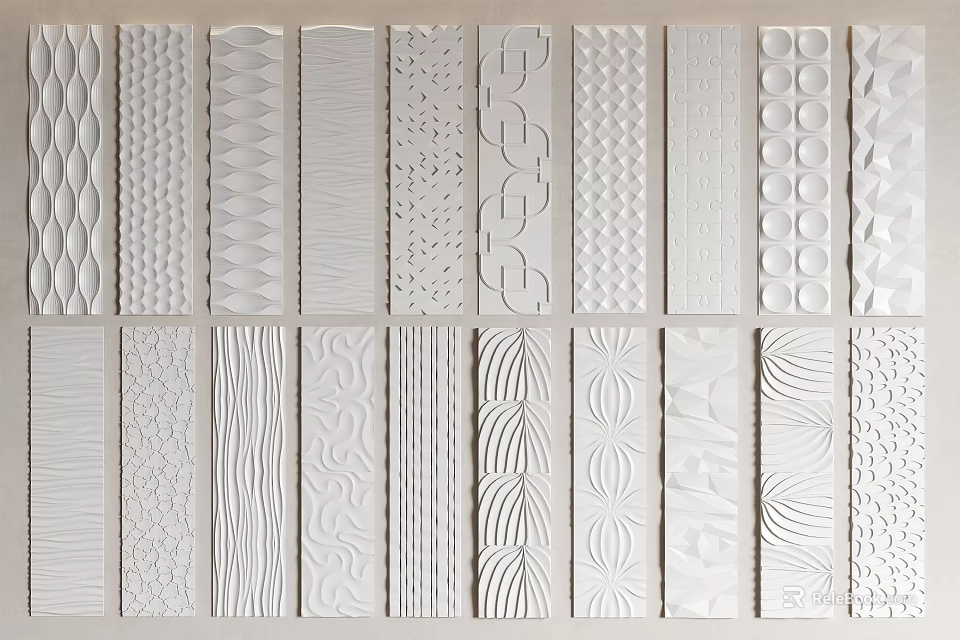 White Textured Wainscoting Panels With Various Decorative Patterns For Interior Design 3d model 