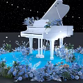Floral Decoration Display With White Piano Surrounded By Blue Flowers And Starry Backdrop